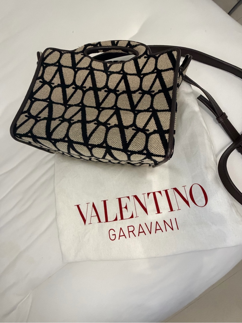 Valentino Garavani Beige & Black Logo Jacquard Crossbody Tote